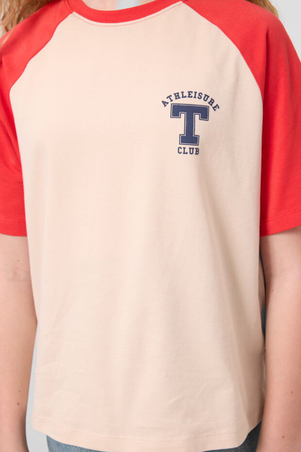 Bej O Yaka Pamuklu Baskılı Rahat Form Fit Kız Çocuk T-Shirt - 75179 - 5