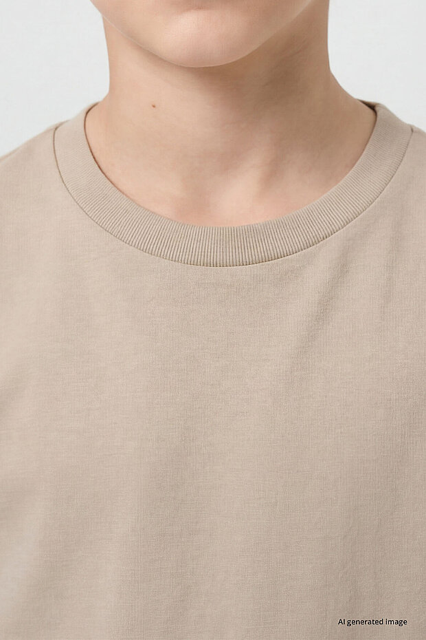 Bej O Yaka Standart Fit Basic Unisex Çocuk T-Shirt - 11328 - 3