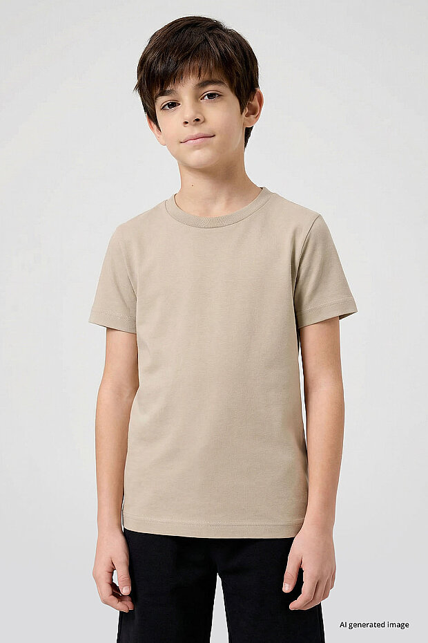 Bej O Yaka Standart Fit Basic Unisex Çocuk T-Shirt - 11328 - 1