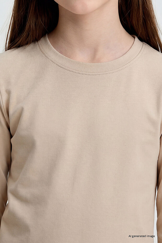 Bej O Yaka Standart Fit Basic Uzun Kollu Unisex Çocuk T-Shirt - 11329 - 5