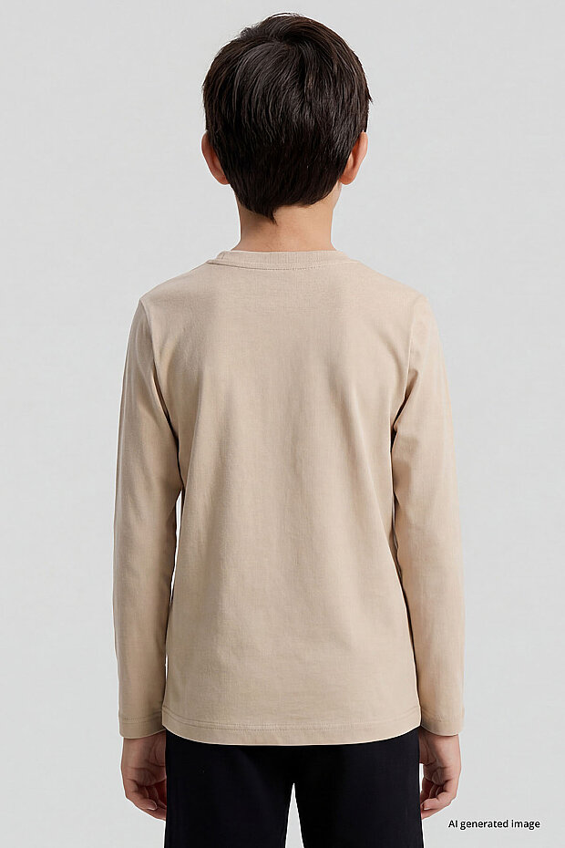 Bej O Yaka Standart Fit Basic Uzun Kollu Unisex Çocuk T-Shirt - 11329 - 7