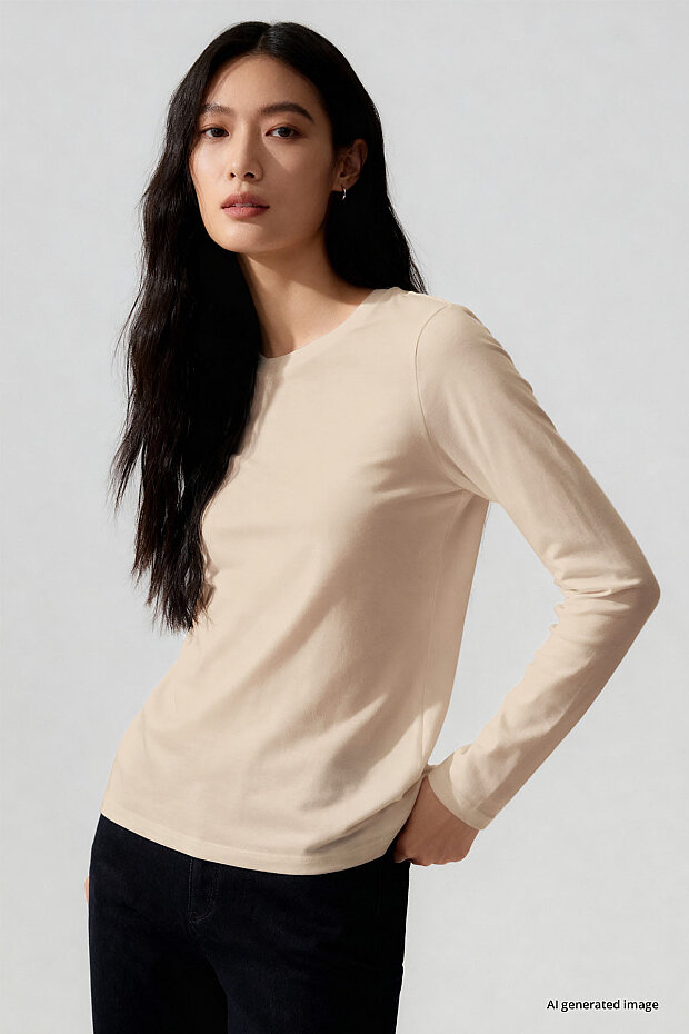 Bej O Yaka Standart Fit Uzun Kollu Basic Kadın T-Shirt - 97312 - 2