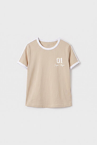 Bej Omuz Biye Detaylı Baskılı Kız Çocuk T-Shirt - 75181 