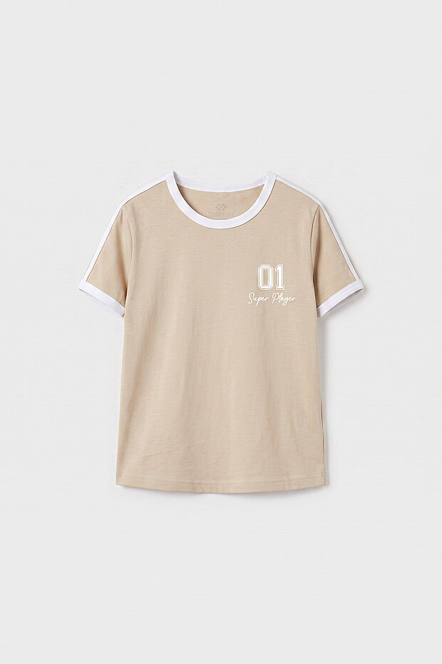 Bej Omuz Biye Detaylı Baskılı Kız Çocuk T-Shirt - 75181 - 1