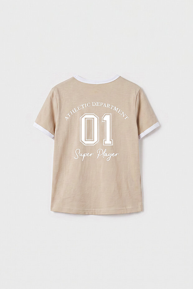 Bej Omuz Biye Detaylı Baskılı Kız Çocuk T-Shirt - 75181 - 2