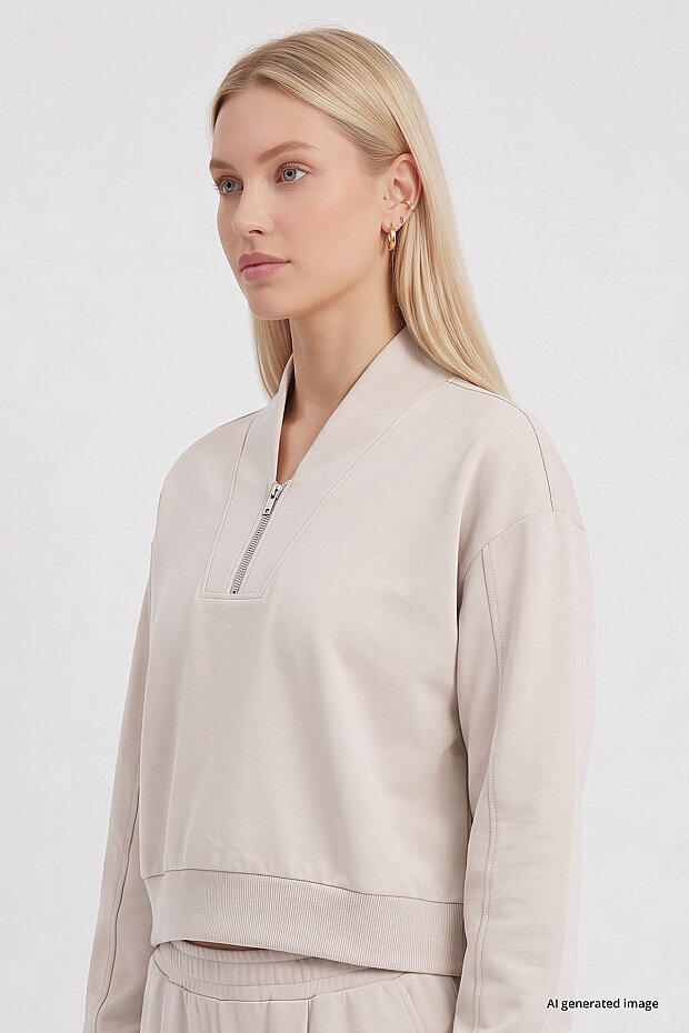 Bej Standart Kalıp Crop Geniş Paça Kadın Eşofman Takım - 95359 - 2