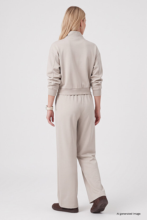 Bej Standart Kalıp Crop Geniş Paça Kadın Eşofman Takım - 95359 - 5
