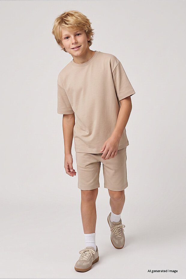 Bej Oversize Fit Basic Erkek Çocuk Şort Takım - 11335 - 1