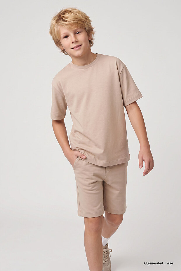Bej Oversize Fit Basic Erkek Çocuk Şort Takım - 11335 - 2
