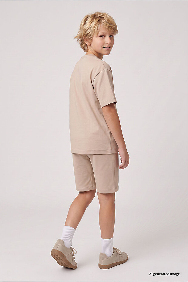Bej Oversize Fit Basic Erkek Çocuk Şort Takım - 11335 - 3