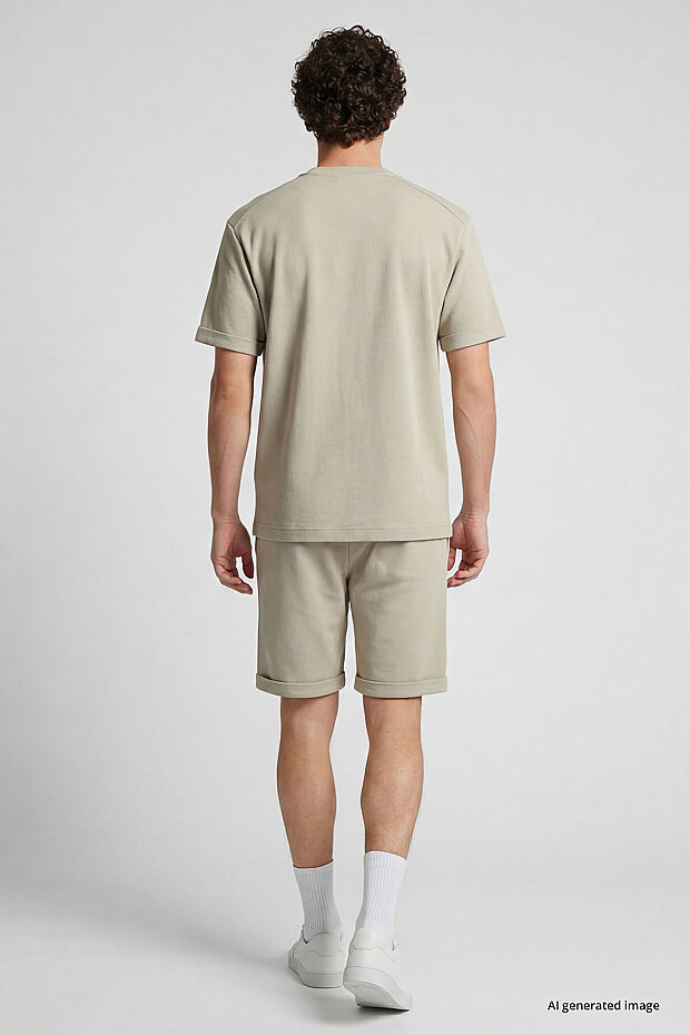 Bej Oversize Fit Yumuşak Dokulu Basic Erkek Şort Takım - 85274 - 4