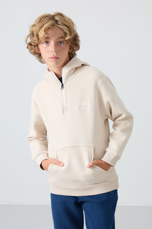 Bej Pamuklu Kalın İçi Tüylü Yumuşak Dokulu Standart Fit Nakışlı Erkek Çocuk Sweatshirt - 11244 - 3