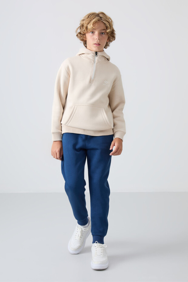 Bej Pamuklu Kalın İçi Tüylü Yumuşak Dokulu Standart Fit Nakışlı Erkek Çocuk Sweatshirt - 11244 - 2