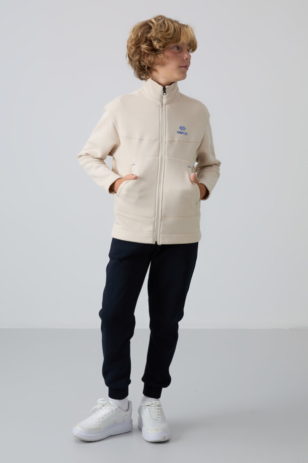 Bej Pamuklu Kalın İçi Tüylü Yumuşak Dokulu Standart Fit Nakışlı Erkek Çocuk Sweatshirt - 11245 - 4