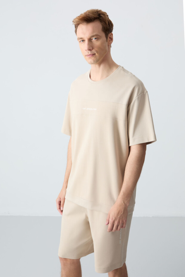 Bej Pamuklu Kalın Yumuşak Dokulu Comfort Fit Basic Erkek Şort Takım - 85257 - 4
