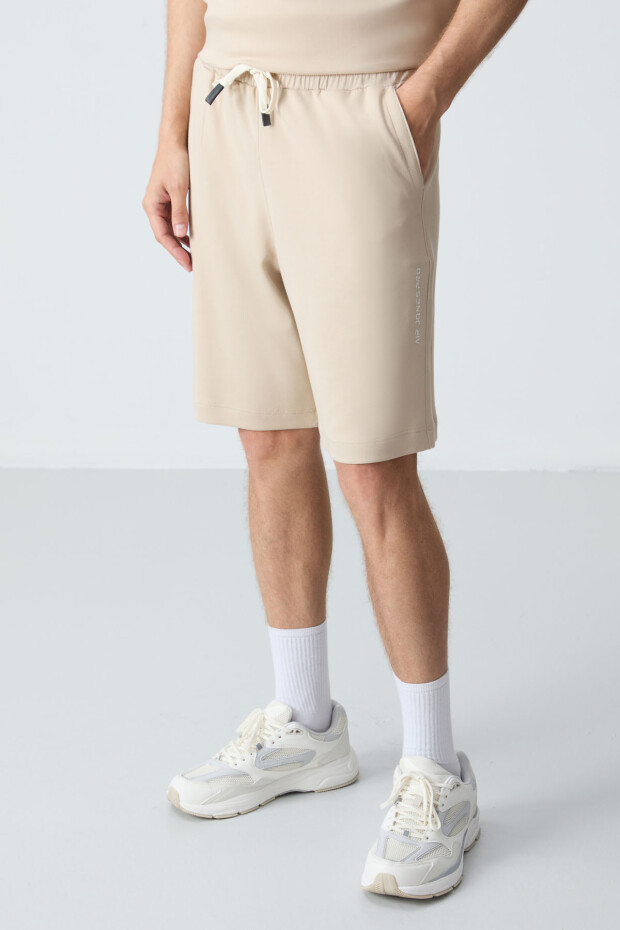 Bej Pamuklu Kalın Yumuşak Dokulu Comfort Fit Basic Erkek Şort Takım - 85257 - 6