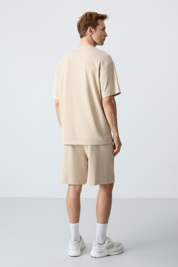 Bej Pamuklu Kalın Yumuşak Dokulu Comfort Fit Basic Erkek Şort Takım - 85257 - 8