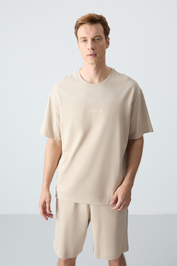 Bej Pamuklu Kalın Yumuşak Dokulu Comfort Fit Basic Erkek Şort Takım - 85257 - 5