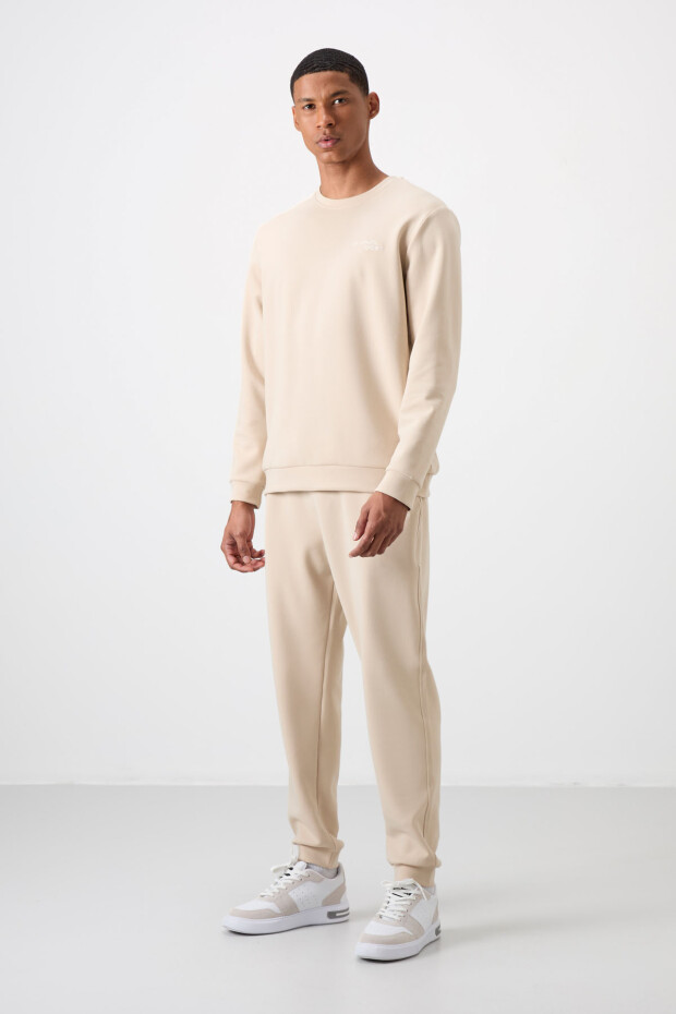 Bej Pamuklu Kalın Yumuşak Dokulu Comfort Fit Nakışlı Erkek Eşofman Takım - 85254 - 6