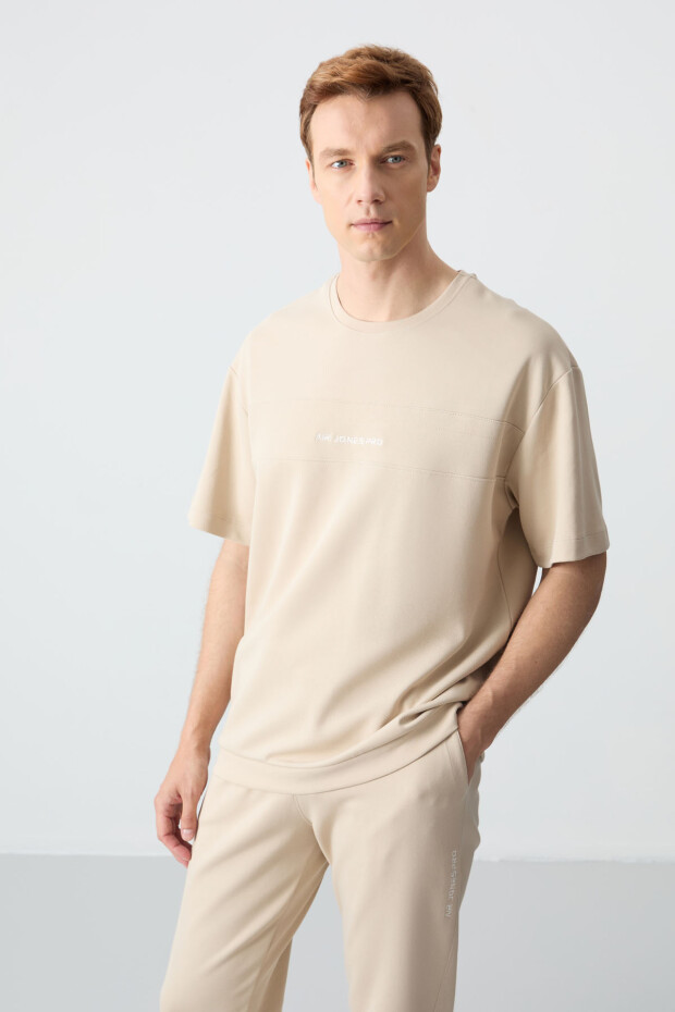 Bej Pamuklu Kalın Yumuşak Dokulu Oversize Fit Basic Erkek Eşofman Takım - 85261 - 3