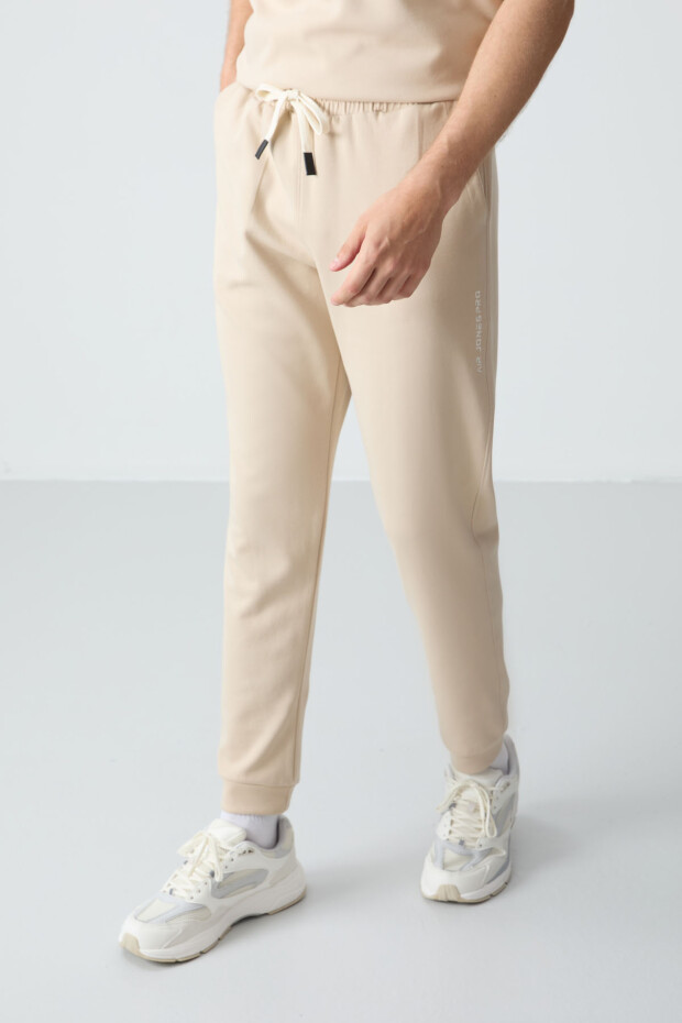 Bej Pamuklu Kalın Yumuşak Dokulu Oversize Fit Basic Erkek Eşofman Takım - 85261 - 2