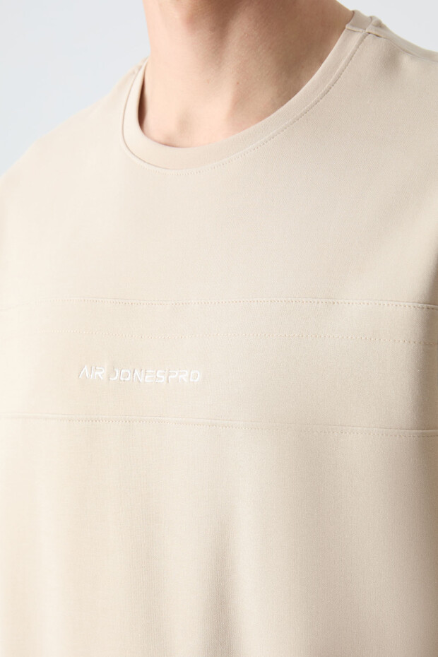 Bej Pamuklu Kalın Yumuşak Dokulu Oversize Fit Basic Erkek Eşofman Takım - 85261 - 4