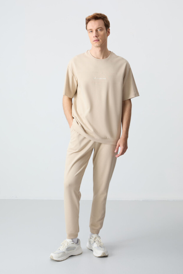 Bej Pamuklu Kalın Yumuşak Dokulu Oversize Fit Basic Erkek Eşofman Takım - 85261 - 1