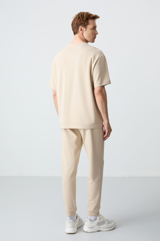 Bej Pamuklu Kalın Yumuşak Dokulu Oversize Fit Basic Erkek Eşofman Takım - 85261 - 8