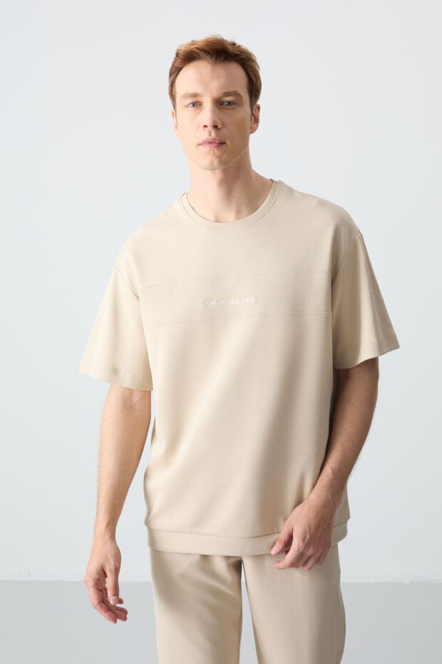 Bej Pamuklu Kalın Yumuşak Dokulu Oversize Fit Basic Erkek Eşofman Takım - 85261 - 5