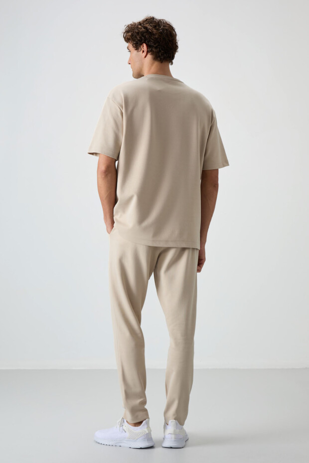 Bej Pamuklu Kalın Yumuşak Dokulu Oversize Fit Nakışlı Erkek Eşofman Takım - 85252 - 8
