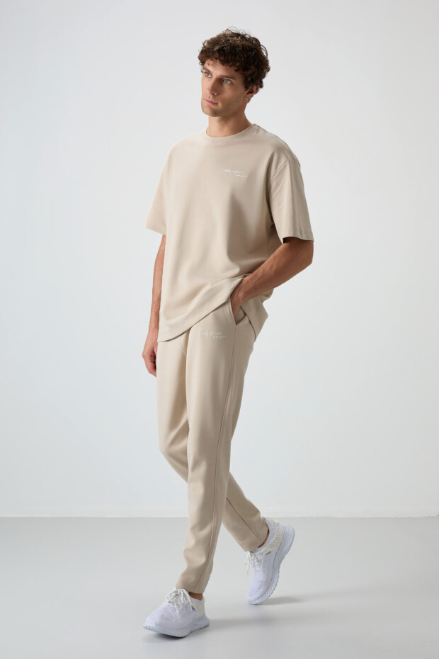 Bej Pamuklu Kalın Yumuşak Dokulu Oversize Fit Nakışlı Erkek Eşofman Takım - 85252 - 3
