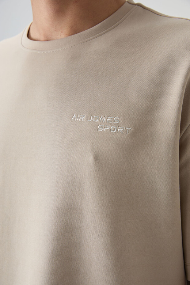 Bej Pamuklu Kalın Yumuşak Dokulu Oversize Fit Nakışlı Erkek Eşofman Takım - 85252 - 2