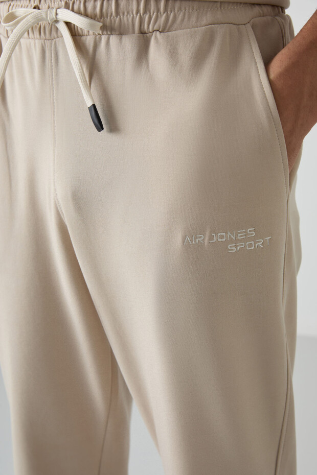 Bej Pamuklu Kalın Yumuşak Dokulu Oversize Fit Nakışlı Erkek Eşofman Takım - 85252 - 5
