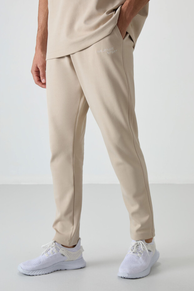 Bej Pamuklu Kalın Yumuşak Dokulu Oversize Fit Nakışlı Erkek Eşofman Takım - 85252 - 6
