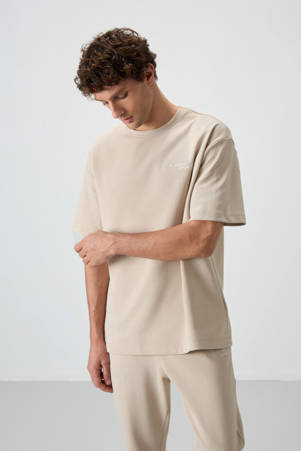 Bej Pamuklu Kalın Yumuşak Dokulu Oversize Fit Nakışlı Erkek Eşofman Takım - 85252 - 4