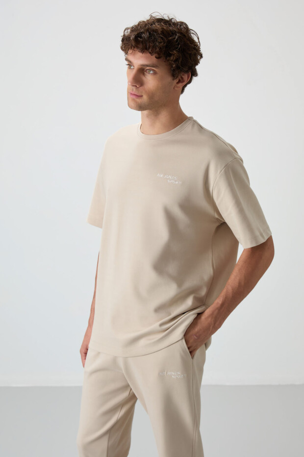 Bej Pamuklu Kalın Yumuşak Dokulu Oversize Fit Nakışlı Erkek Eşofman Takım - 85252 - 7