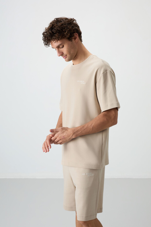 Bej Pamuklu Kalın Yumuşak Dokulu Oversize Fit Nakışlı Erkek Şort Takım - 85250 - 3