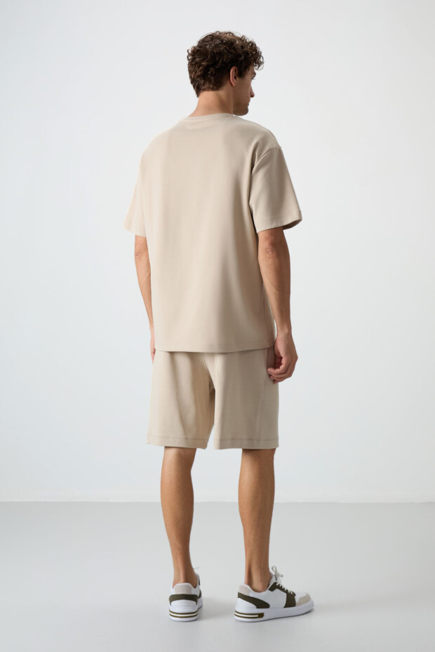 Bej Pamuklu Kalın Yumuşak Dokulu Oversize Fit Nakışlı Erkek Şort Takım - 85250 - 8
