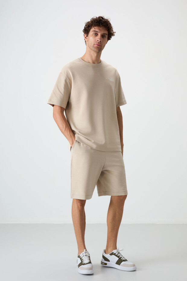 Bej Pamuklu Kalın Yumuşak Dokulu Oversize Fit Nakışlı Erkek Şort Takım - 85250 - 4