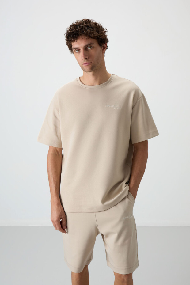 Bej Pamuklu Kalın Yumuşak Dokulu Oversize Fit Nakışlı Erkek Şort Takım - 85250 - 6