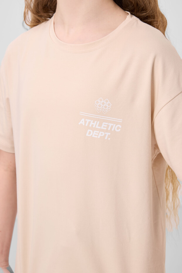 Bej Pamuklu O Yaka Rahat Form Fit Baskılı Kız Çocuk T-Shirt - 75178 - 4