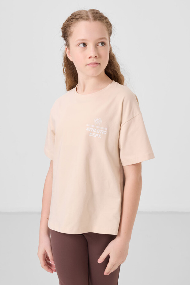 Bej Pamuklu O Yaka Rahat Form Fit Baskılı Kız Çocuk T-Shirt - 75178 - 3