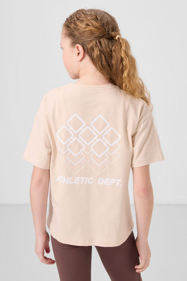 Bej Pamuklu O Yaka Rahat Form Fit Baskılı Kız Çocuk T-Shirt - 75178 - 5