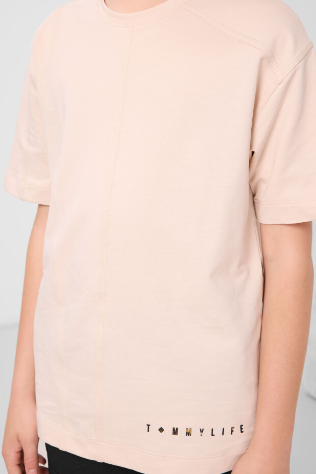 Bej Pamuklu Yumuşak Dokulu Oversize Basic Erkek Çocuk T-Shirt - 11297 - 3