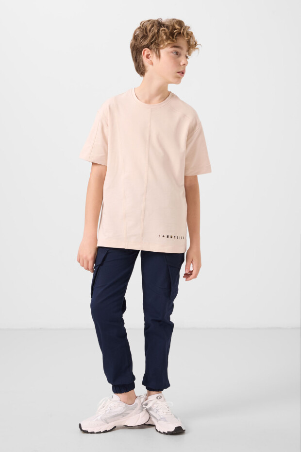Bej Pamuklu Yumuşak Dokulu Oversize Basic Erkek Çocuk T-Shirt - 11297 - 2