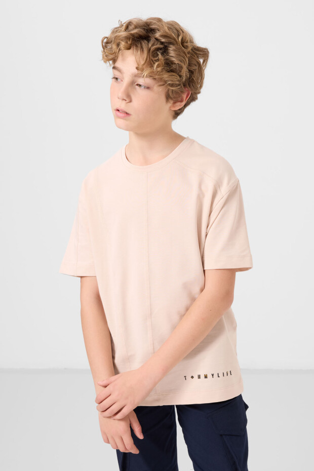 Bej Pamuklu Yumuşak Dokulu Oversize Basic Erkek Çocuk T-Shirt - 11297 - 4