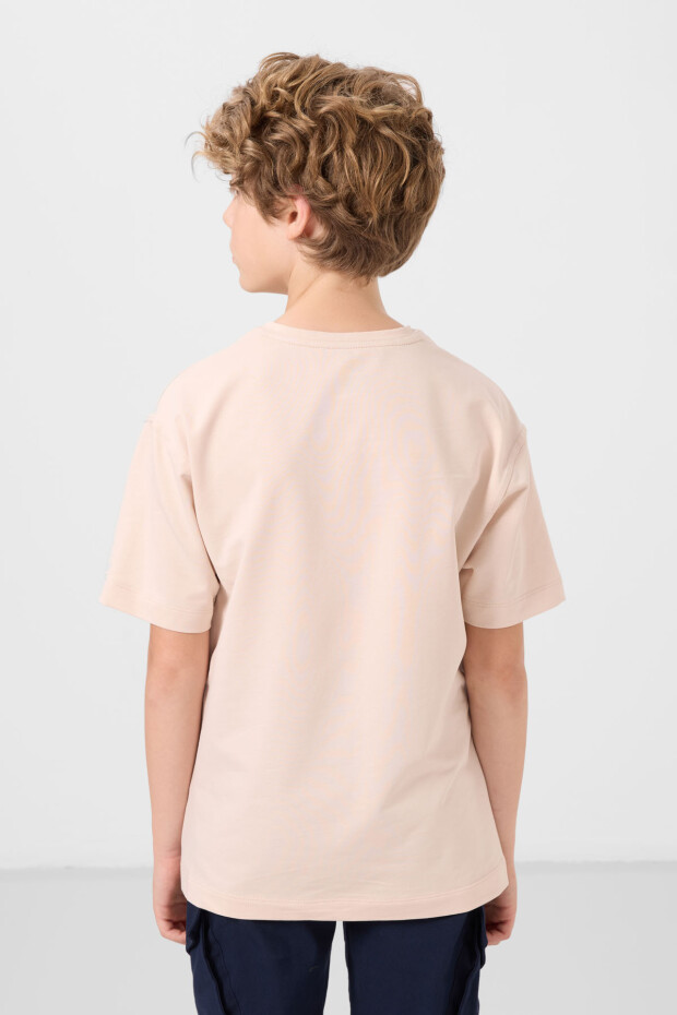 Bej Pamuklu Yumuşak Dokulu Oversize Basic Erkek Çocuk T-Shirt - 11297 - 5