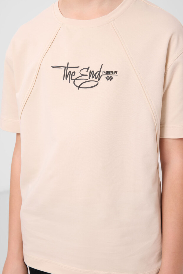 Bej Pamuklu Yumuşak Dokulu Oversize Baskılı Erkek Çocuk T-Shirt - 11285 - 3