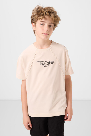 Bej Pamuklu Yumuşak Dokulu Oversize Baskılı Erkek Çocuk T-Shirt - 11285 