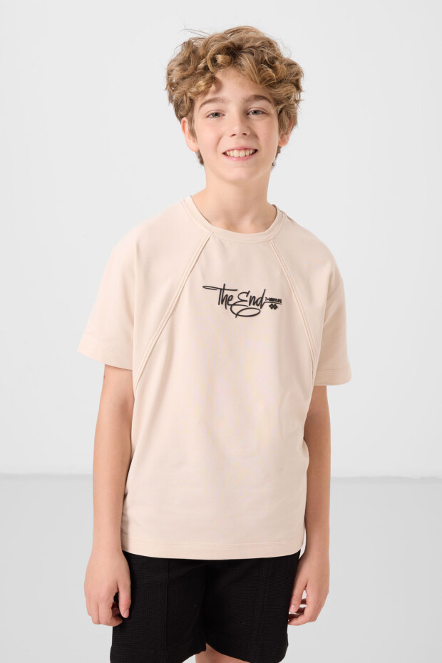 Bej Pamuklu Yumuşak Dokulu Oversize Baskılı Erkek Çocuk T-Shirt - 11285 - 4